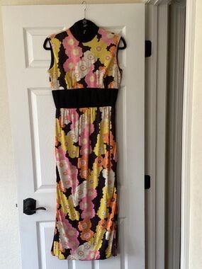Sleeveless Floral Midi Dress in Black with Pink & Yellow Flowers